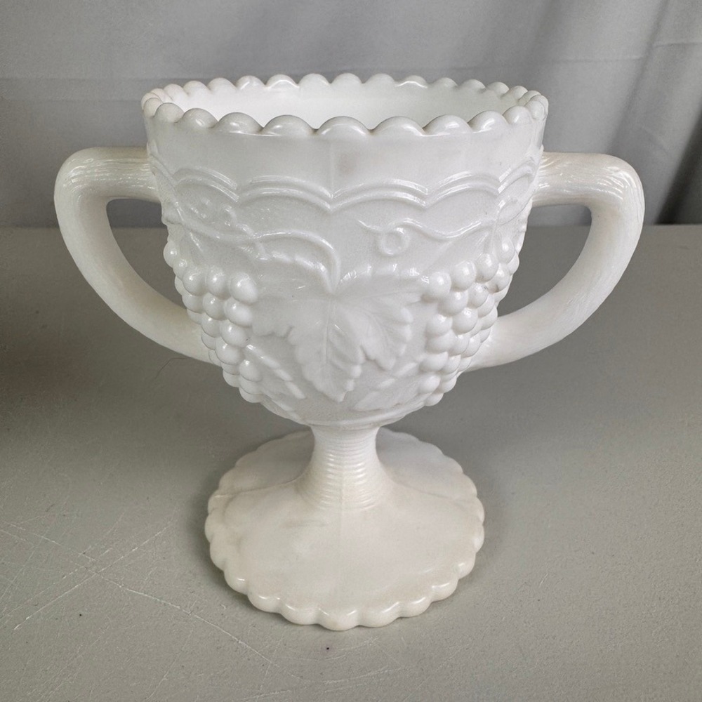 VTG Imperial White Milk Glass Grape Pattern Double Handled Pedestal Sugar Bowl